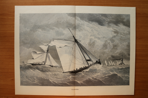 Wood Engraving Sailing Competition 1881 Monogramm HET Art Artist